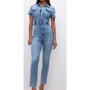 Good American Fit For Success Denim Jumpsuit Size 2 Medium Blue Zip Short Sleeve